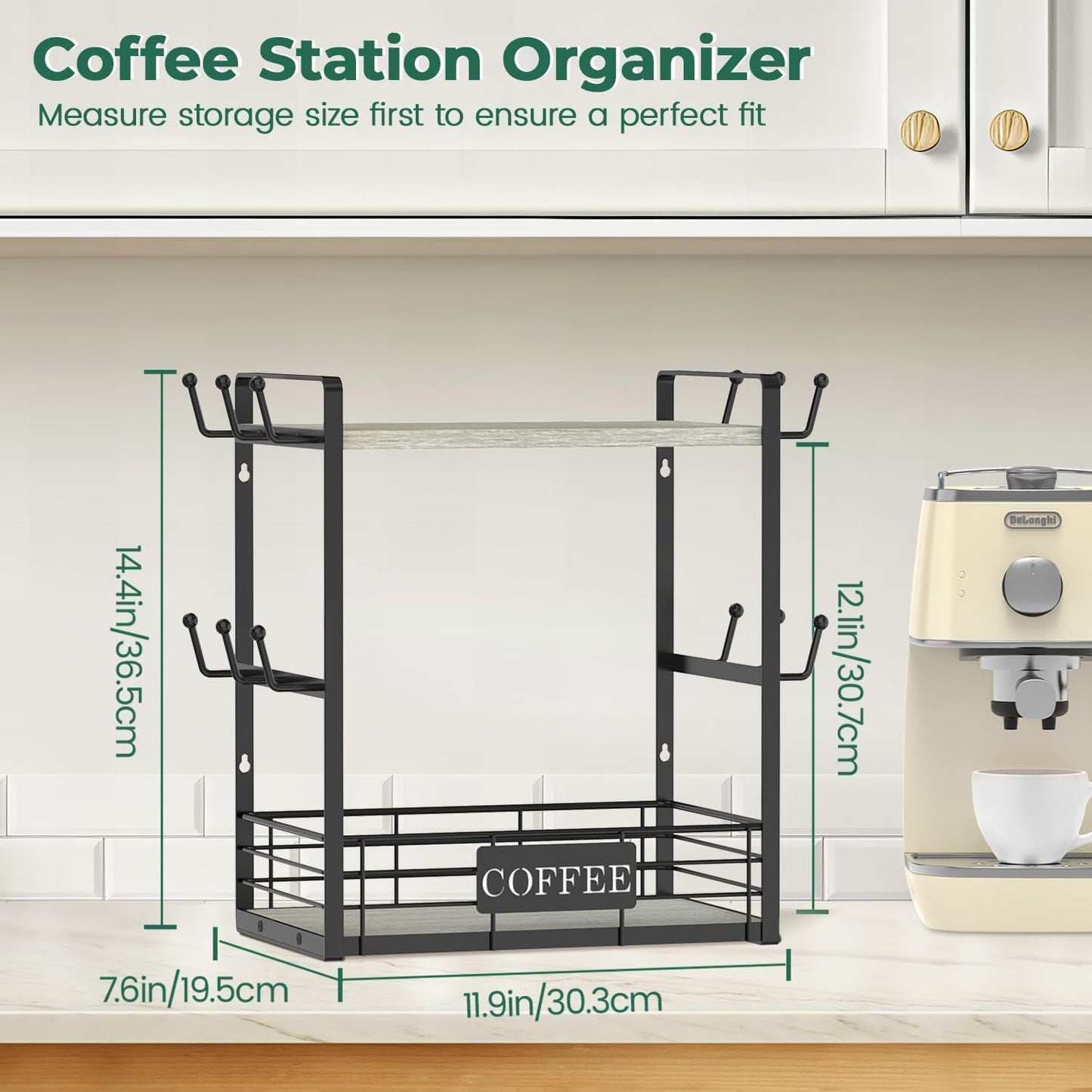 EsLuker.ly Coffee Mug Cup Holder Stand Bar Station Organizer for Countertop, Multi-Functional 2 Tier Mug Tree Rack for Kitchen, Storage Shelf with 12 Hooks, Light Grey-Black(Patented Design)