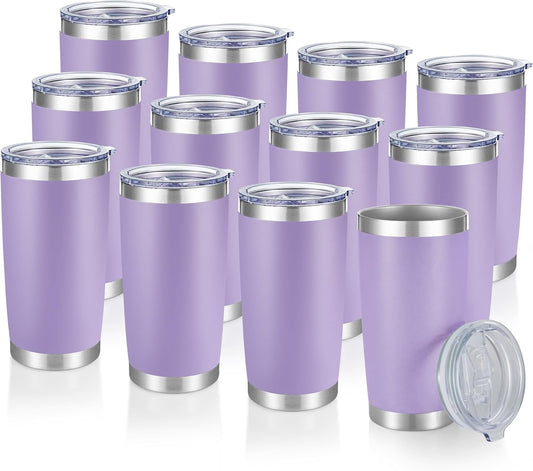 20 oz Tumblers Bulk Stainless Steel Tumbler with Lid Double Wall Vacuum Insulated Coffee Mug 20oz Powder Coated Cup for Hot and Cold Drinks, Purple, 12 pack