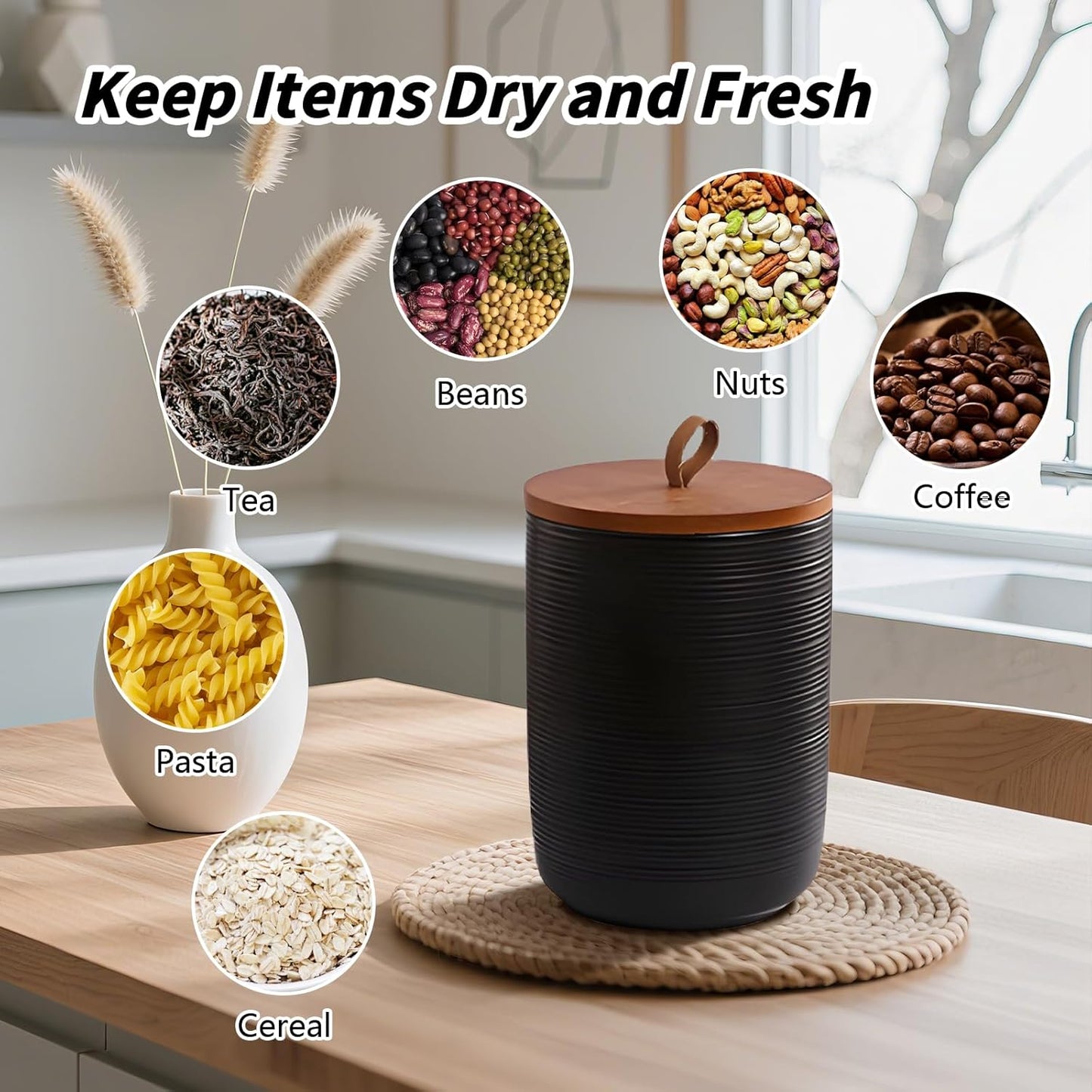 Food Storage Jar Strong Ceramic Storage Canisters with Airtight Wooden Lid,Kitchen Storage Containers for Serving Coffee Beans, Tea, Sugar, Salt, Spices (Little black)