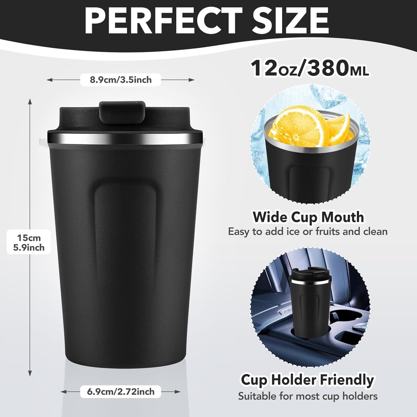 Volhoply 12 oz Double Wall Insulated Vacuum Travel Coffee Mugs with Flip Lid Bulk 2 Pack,Reusable Stainless Steel Leak Proof Coffee Cup,Portable Cafe Thermal Tumbler for Hot & Cold Drinks(Black,2 Set)
