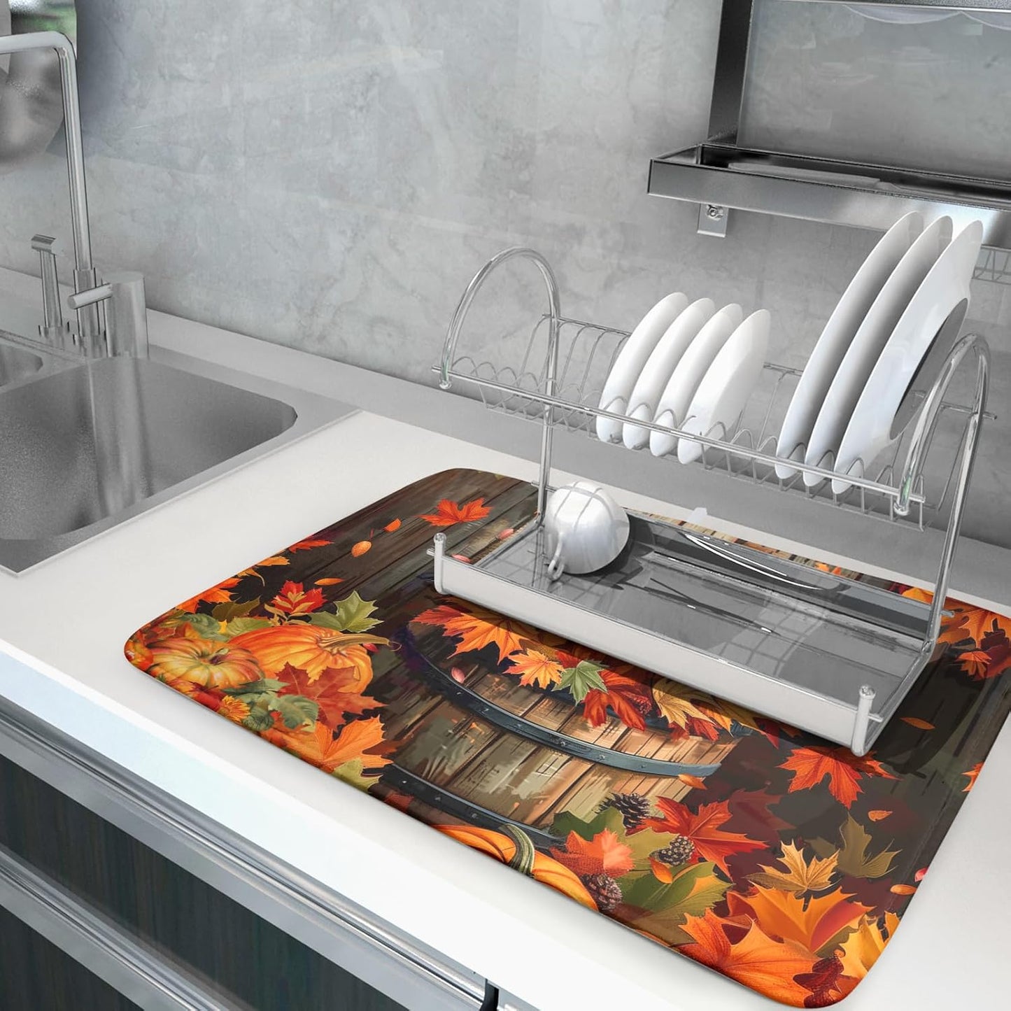 Fall Pumpkin Dish Drying Mat for Kitchen Counter Autumn Pumpkin Dish Mats for Drying 16x18 Inch Kitchen Decor Reversible Absorbent Microfiber Fall Thanksgiving Dishes Pad for Coffee Bar Accessories