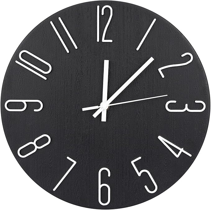 Wall Clock 12 Inch Silent Non-Ticking Imitation Wood Indoor Clock Round Black by BAKBRAND