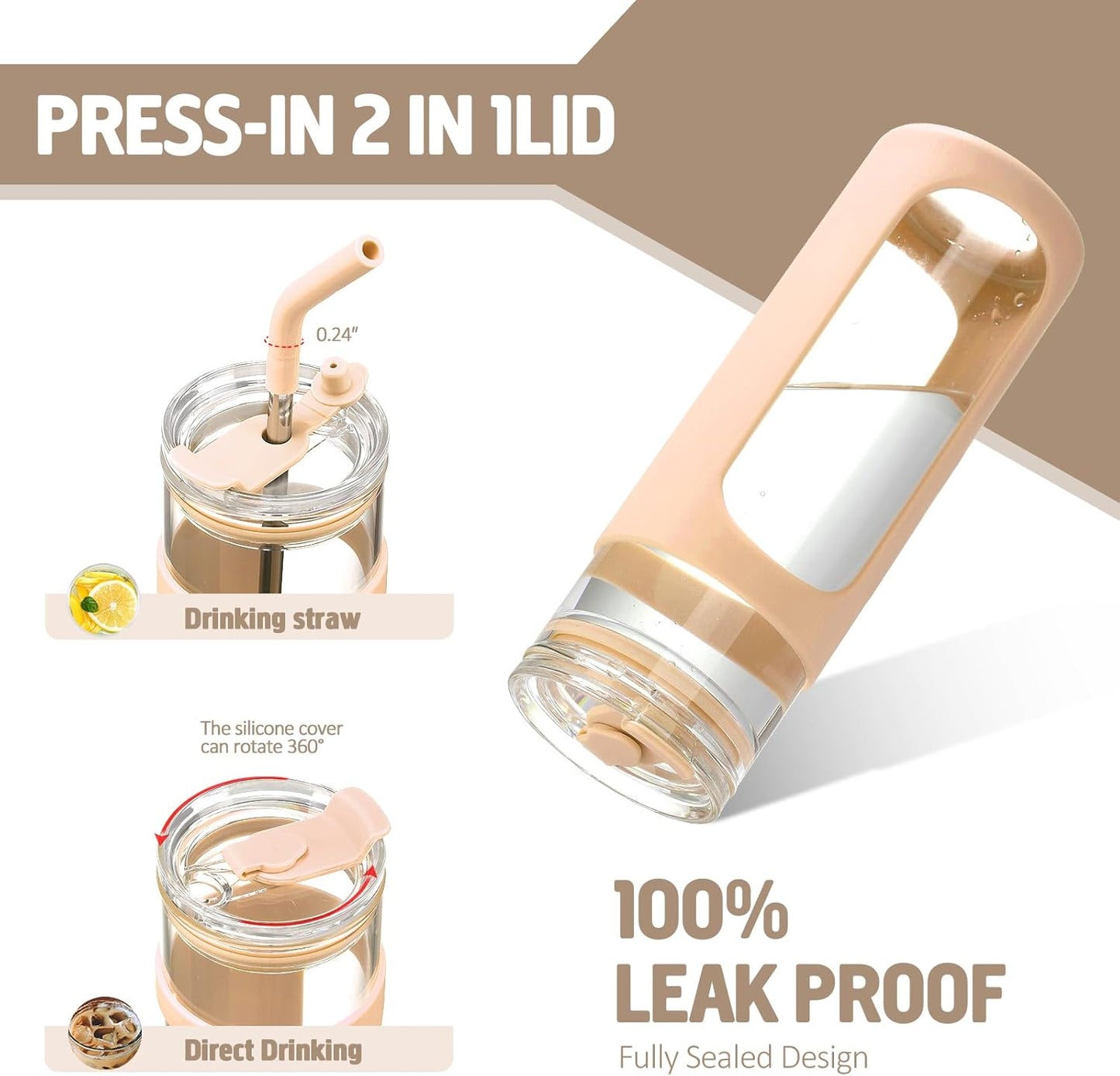 Kodrine 24oz Glass Tumbler with 2 Lids and Straws, Glass Cup With Bamboo Lid and On-the-go Lid, Reusable Iced Coffee Cup, Ideal for Smoothie, Cold Drinks, Fit Cup Holder, BPA Free(1, Amber)