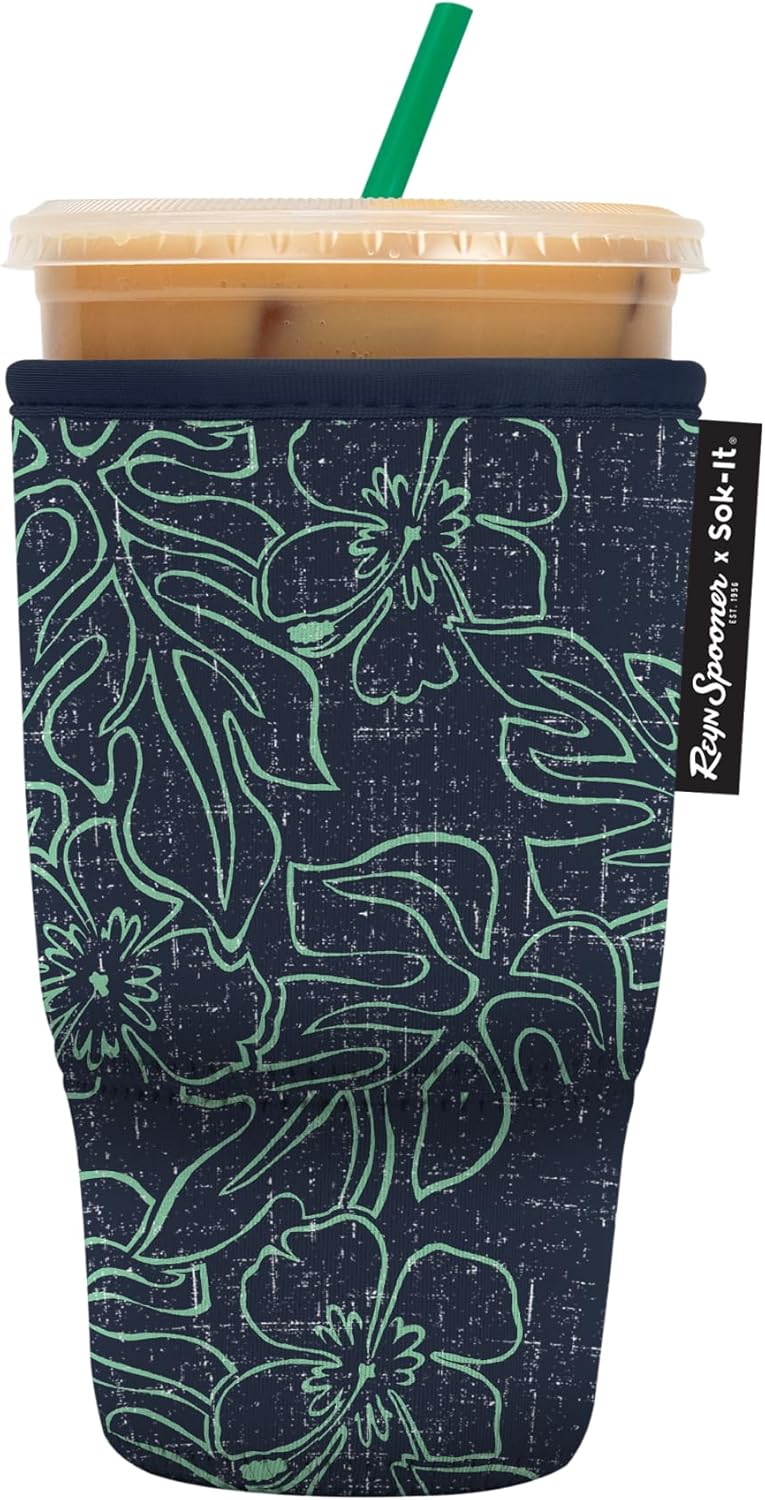 Sok It JavaSok Iced Coffee & Cold Soda Insulated Neoprene Cup Sleeve (Reyn Spooner Monstera Ink, Large: 30-32oz)