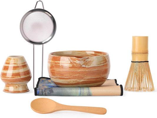 Japanese Matcha Whisk Set - 6-Piece Kit with Bamboo Chasen, Matcha Ceramic Bowl with Spout, Stainless Steel Sifter Yellow