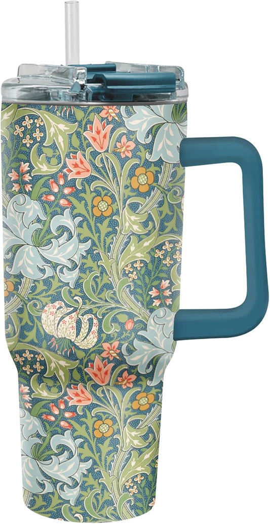 RainCaper 18/8 Stainless Steel Insulated Water Tumbler with Straw | 30oz, BPA-Free, Double Wall for Hot & Cold | Travel-Friendly, Cup Holder Ready (William Morris Morris Golden Lily)