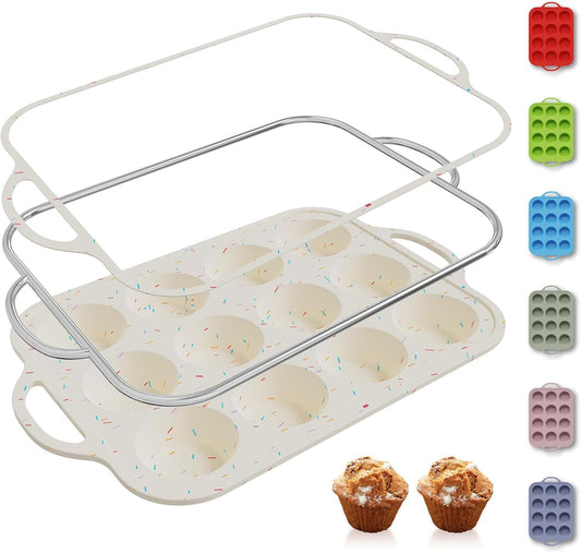 12 Cups Silicone Muffin Pan with Metal Reinforced Frame Regular Size Cupcake Pan Tray Egg Bites Silicone Circle Cookie Molds Muffin Tin Tart Pans Home Baking Supplies Stuff Necessities Cookware