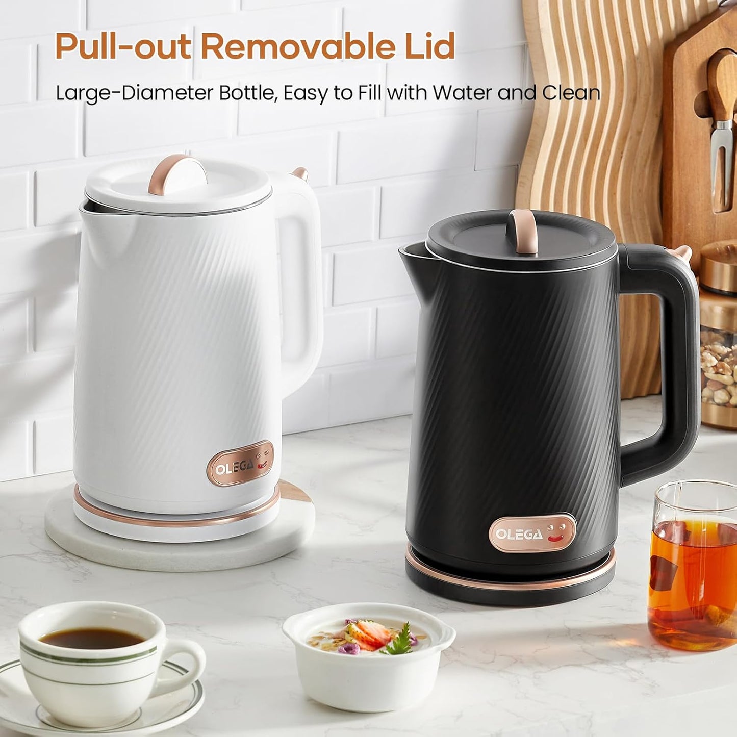 OLEGA Electric Kettle - 1500W Electric Tea Kettle 1.8L Stainless Steel Inner Electric Kettles for Boiling Water Auto Shut Off Boil-Dry Protection Electric Water Kettle for Coffee Tea Black