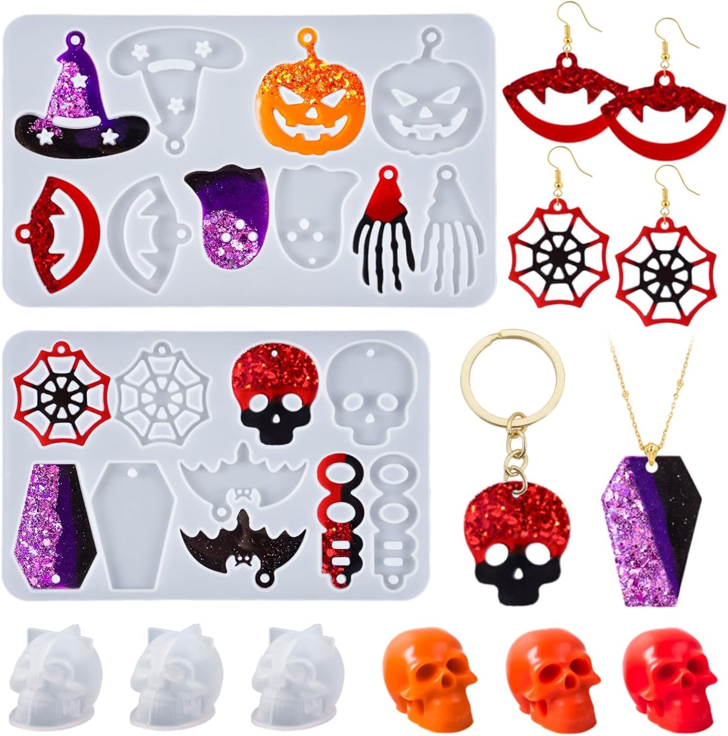 Halloween Resin Earrings Mold 3pcs Mini Skull Resin Jewelry Molds, Bat Pumpkin Coffin Silicone Mold for Earring Pendant Bracelet Keychain Making Kit DIY Epoxy Ornaments Holiday Gifts