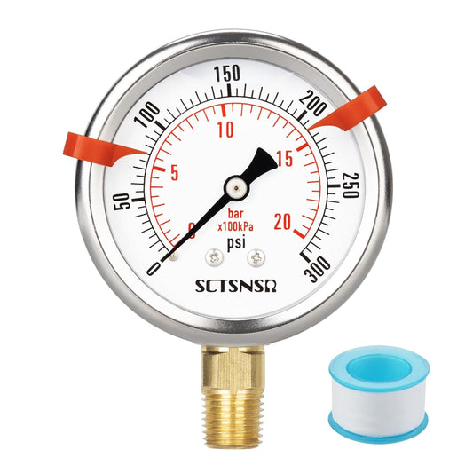 0 to 300 Psi Pressure Gauge, Glycerin Liquid Filled, 2.5 inch Dial, 1/4" NPT Lower Mount, Stainless Steel Case, for Regulator, Air Compressor, Water System, HVAC, Hydraulic, Pressure Test