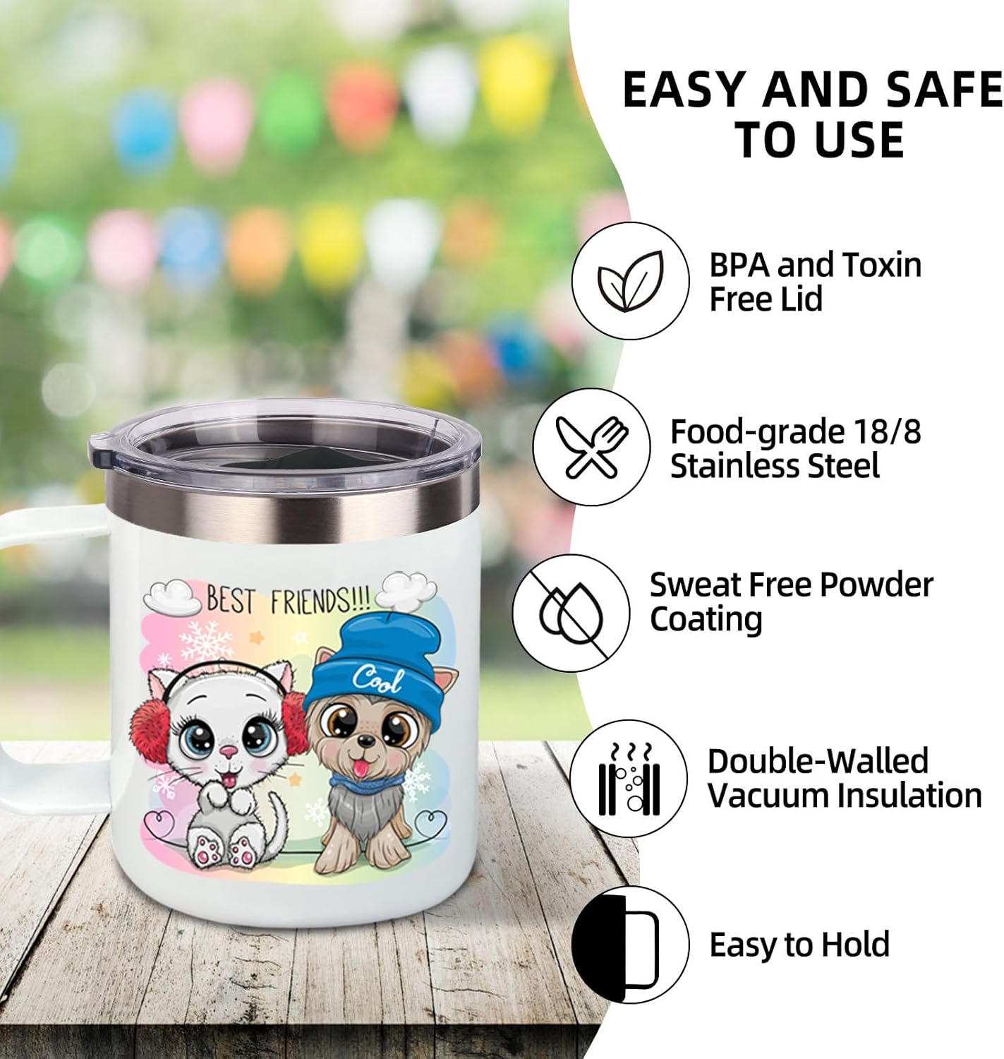 Volhoply 14oz sublimation Insulated Stainless Steel Coffee Mug with Leakproof Lid,Double Wall Vacuum Travel Cup with Handle,Reusable Metal Cups Tumbler,Camping Mugs Keep Hot/Cold(Sublimation,1 Set)