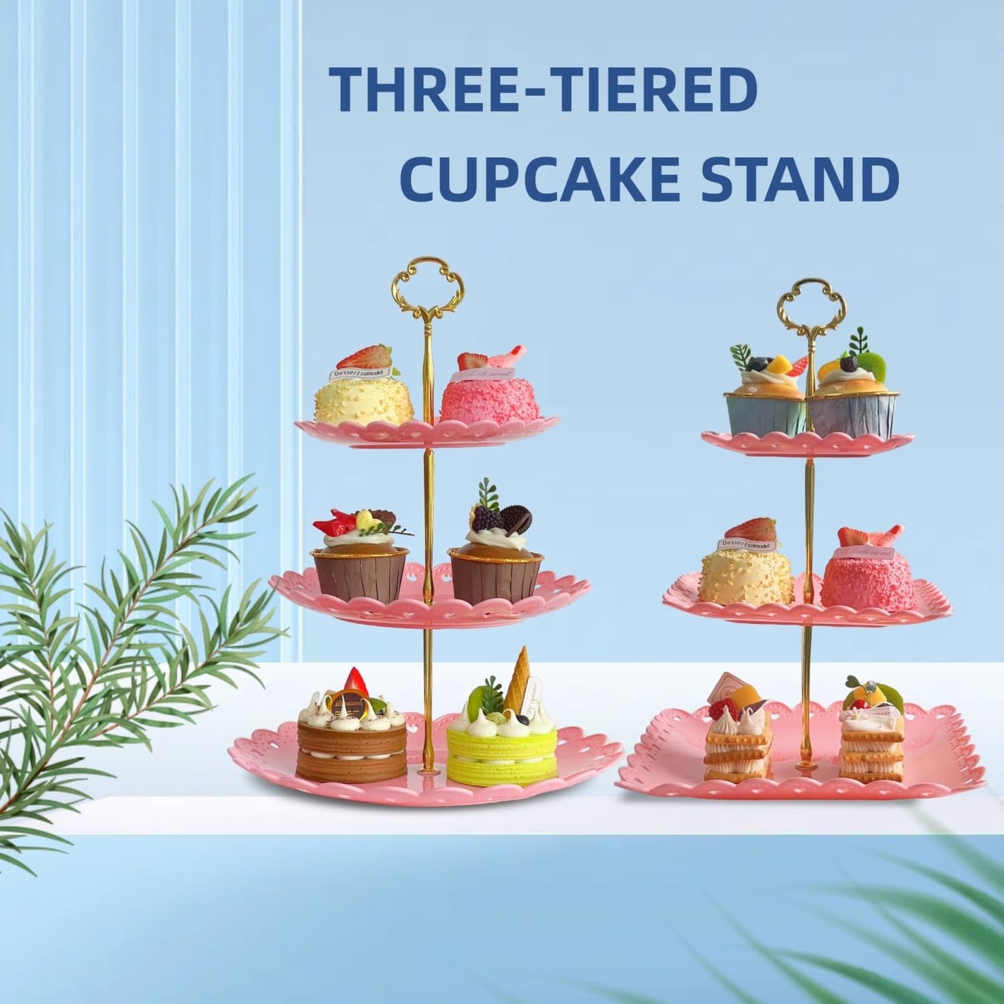 RAUVOLFIA 2 Pack of Plastic Round & Square Dessert Cupcake Stand, 3 Tier Cup Cake Holder Tower for Tea Party/Birthday/Wedding, Plastic Tiered Serving Tray (Pink)
