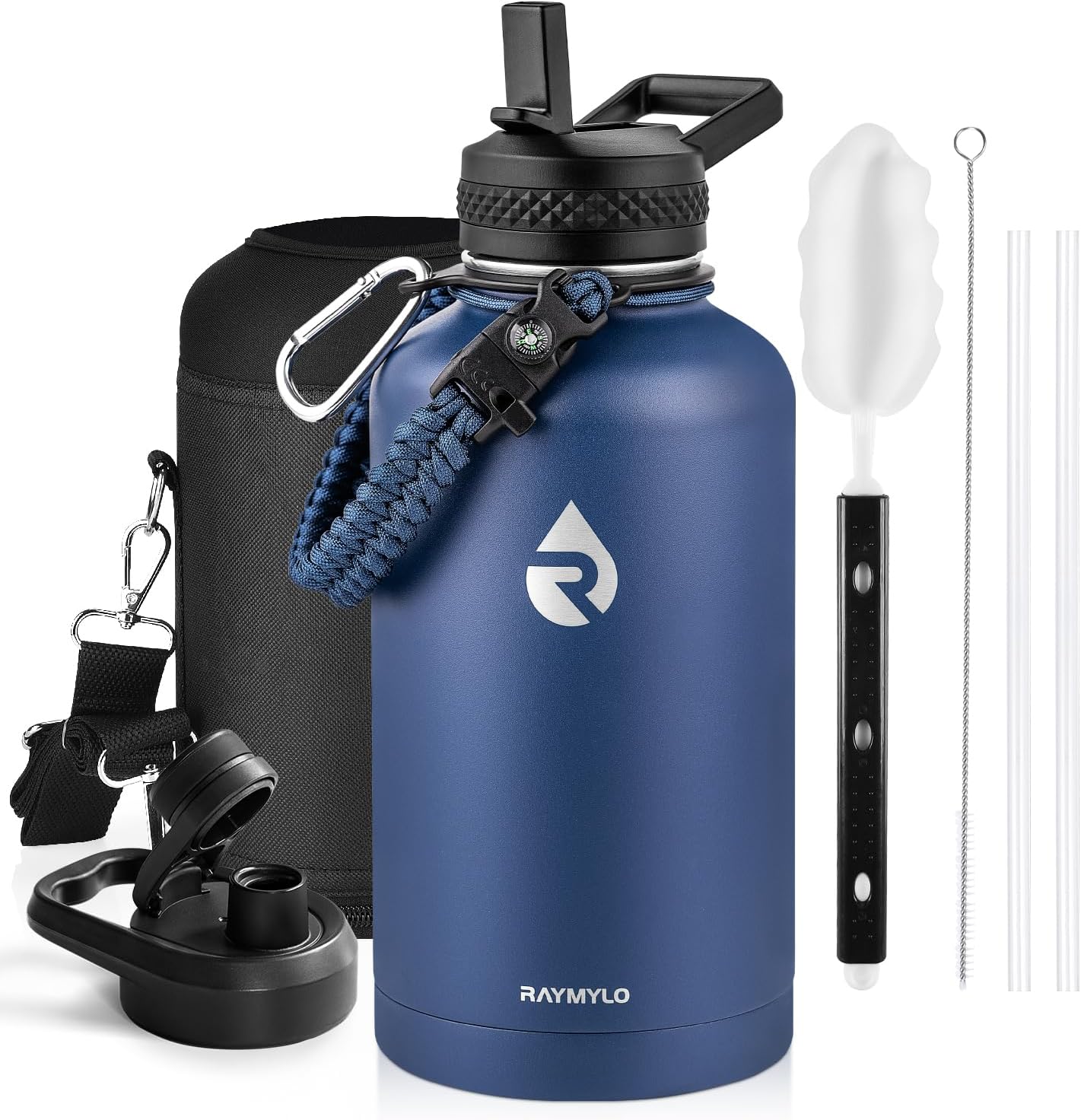 Insulated Water Bottle 64 oz, Triple Wall Vacuum Stainless Steel (Cold for 48 Hrs), Leak Proof & Non-BPA, Half Gallon Water Flask Jug with Paracord Handle & Straw Spout Lids, Navy Blue