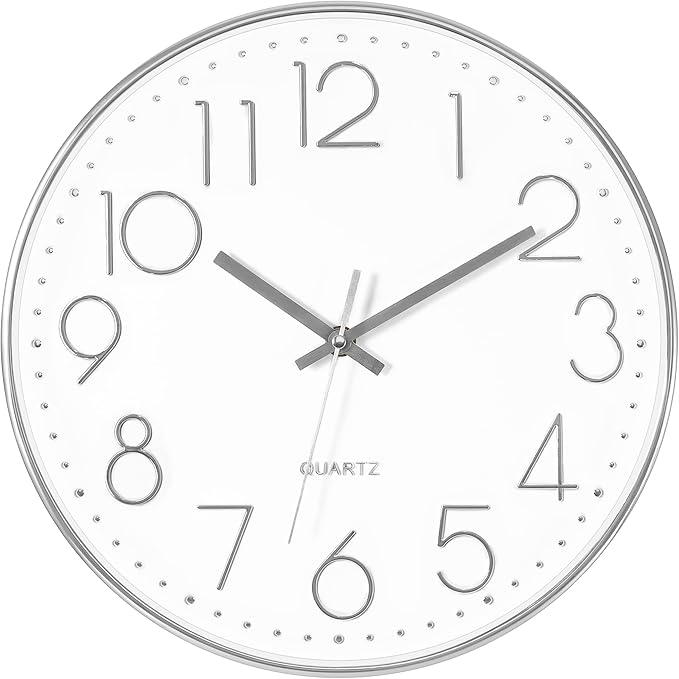 Foxtop Silver Wall Clock Silent Non-Ticking Battery Operated Round Modern Wall by Foxtop