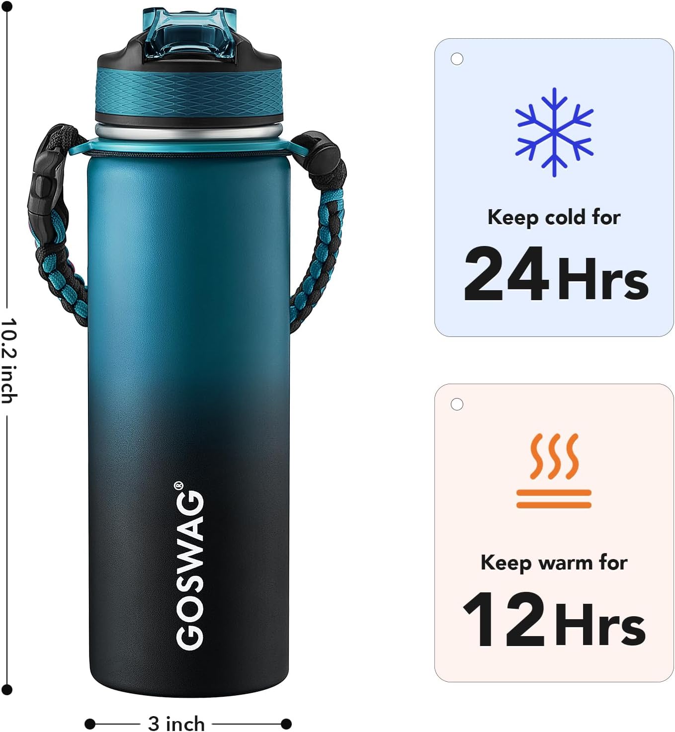 GOSWAG Insulated Sports Water Bottle, 24oz 2 Lids(with Straw/No Straw), Stainless Steel Water Bottles with Paracord Handle, Insulated Bottle with Double-Wall Vacuum Insulation