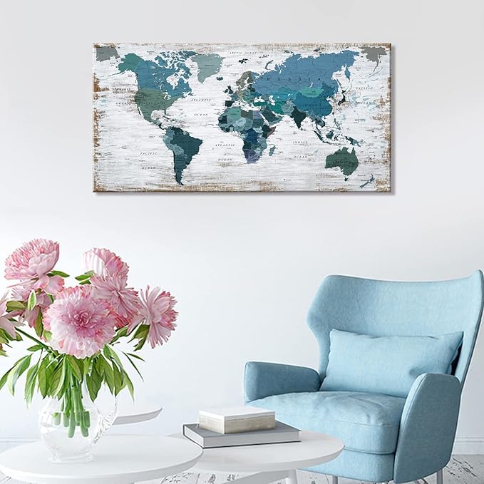 Teal Decor World Map Canvas Art Pictures - Image 4