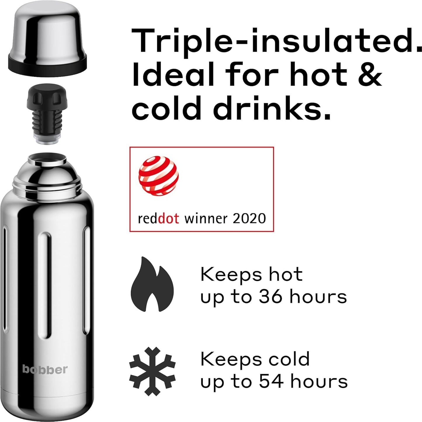 BOBBER 26 oz Stainless Steel Thermos Bottle with Cup Lid – BPA-Free, Dishwasher Safe Vacuum Insulated Metal Water Bottle – Keeps Hot for 36 Hours, Cold for 54 Hours (Glossy)