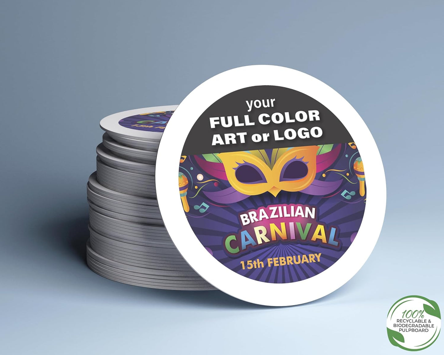 B.E. Green Custom Coasters - Pulpboard Personalized Coasters for Drinks - Full Color Print - Reusable & Absorbent - Beverage Coaster - Promotional Events & Celebrations - Pack of 50-4" Round Coaster