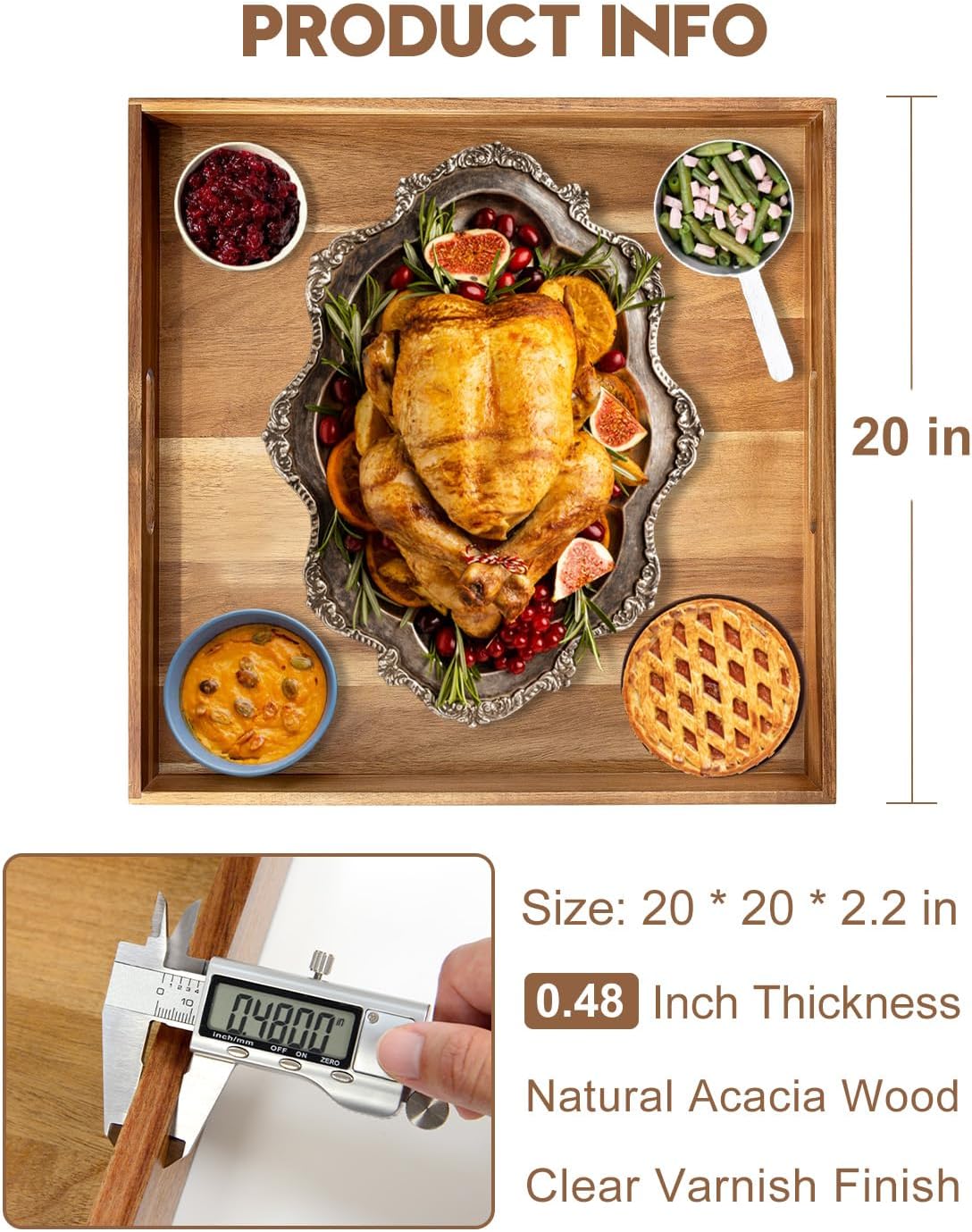 20 Inches Square Acacia Wood Ottoman Tray, Extra Large Wooden Serving Tray with Handles for Living Room, Serving Food Breakfast, Ottoman Coffee Table Couch Sofa Kitchen