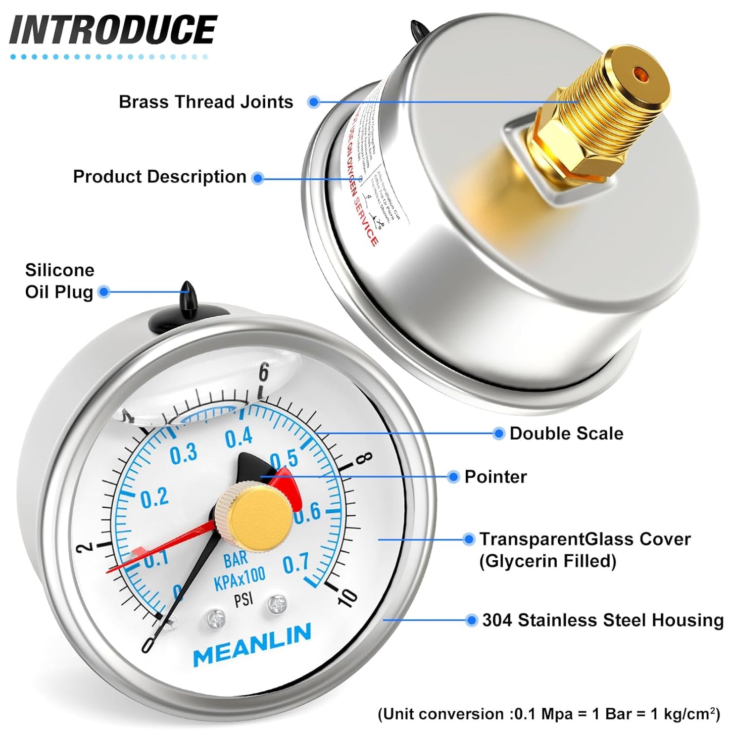 MEANLIN MEASURE 0~10Psi Stainless Steel 1/4" NPT 2.5" FACE DIAL with Reset Pointer Liquid Filled Pressure Gauge WOG Water Oil Air, Back Mount, with Brass Hex Bushing