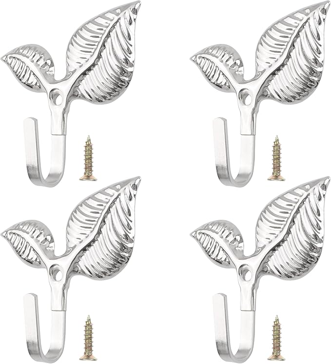 Set of 4 Vintage Leaf Wall Hooks Silver Metal Coat Hooks Heavy Duty Decorative by Unknown