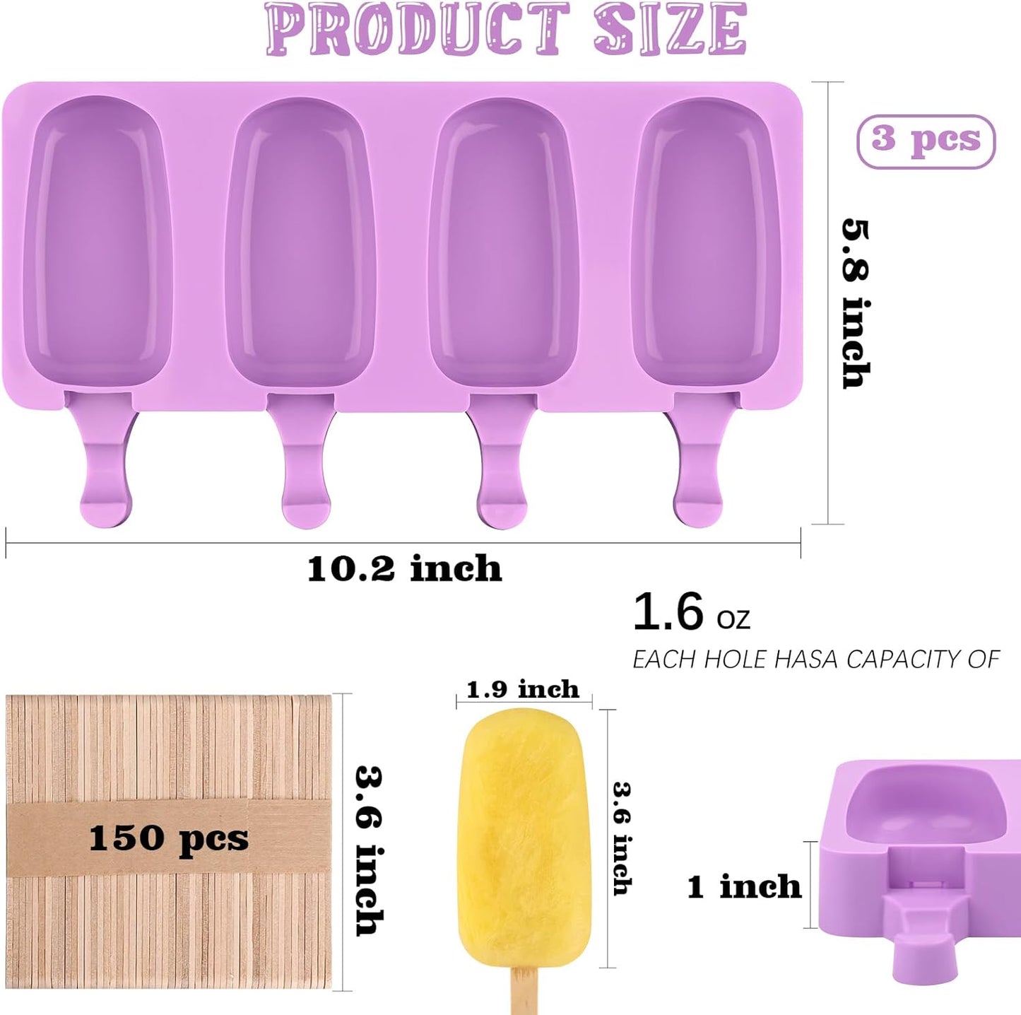 Sakolla Silicone Popsicle Molds Set of 3, Large Oval 4 Cavities Homemade Ice Pop Molds with 150 Wooden Sticks for Ice Cream, Cakesicles, Cake Pop (Purple)
