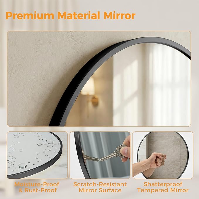 OLIXIS 28 Inch Black Round Bathroom Wall Mirror, Round Bathroom Mirrors - Image 6
