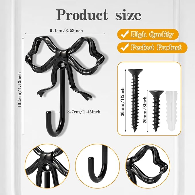 4 PCS Large Size Black Bow Wall Hook, Metal Hooks, Bow Room Decor Hooks - Image 2