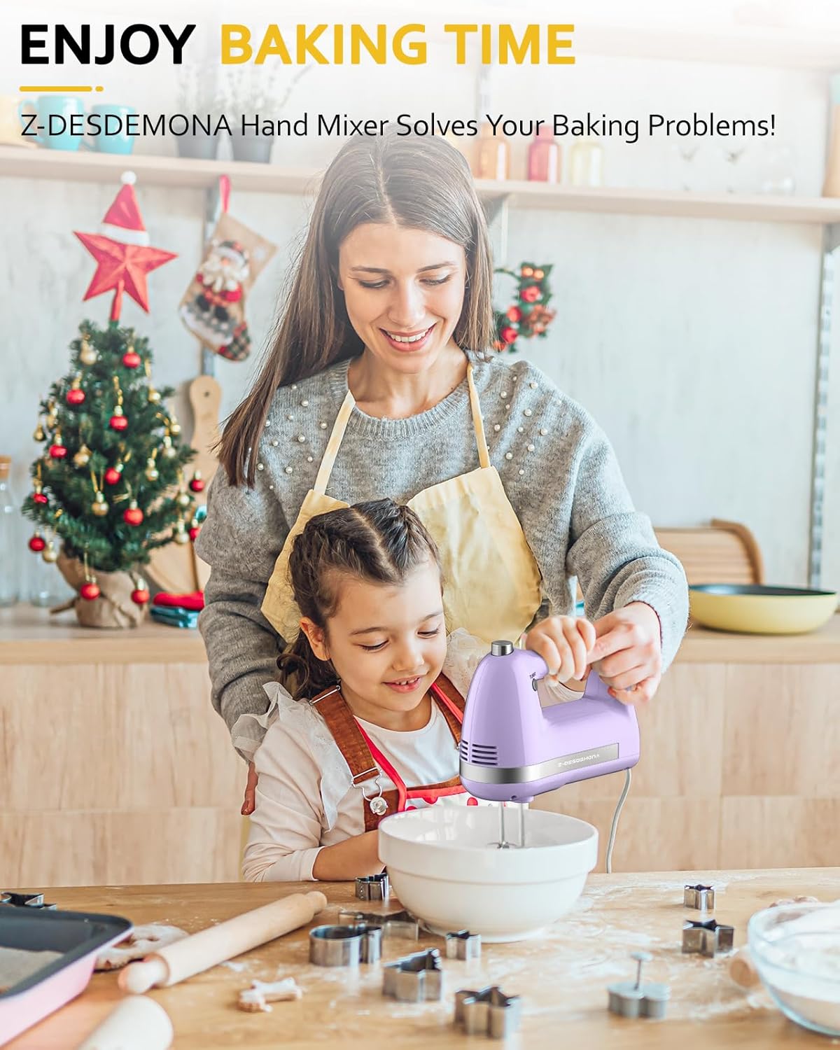 Electric Hand Mixer, Powerful 300W Hand Mixer Electric Handheld with 304 Beaters, Dough Hook,Hand Held Mixer with Turbo for Baking Cakes, Eggs, Cream Food(Purple)