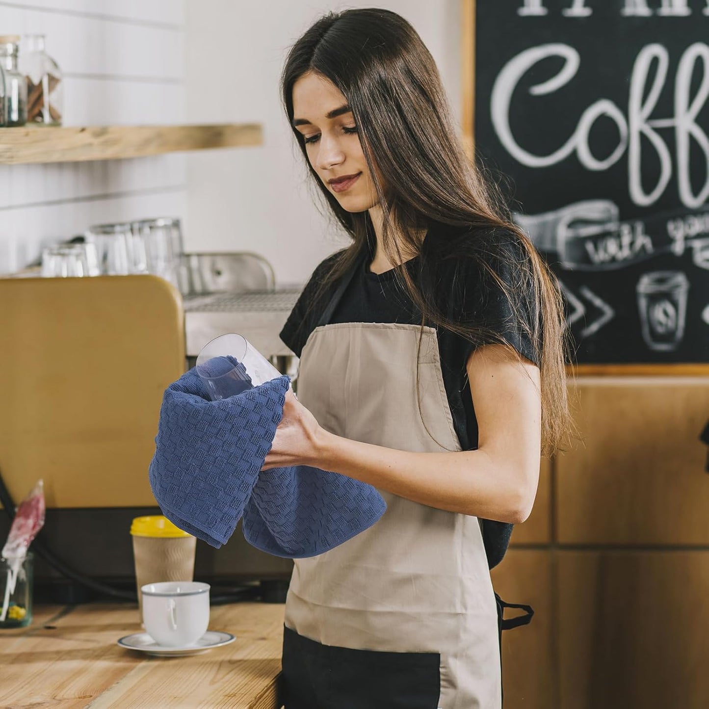 Fintale 100% Cotton Kitchen Towels and Dishcloths Set, 12 x 12 & 15 x 25 Inches, Set of 12 Bulk Super Soft and Absorbent Terry Cloth Dish Towels, Quick Drying Hand Towels with Hanging Loop, Navy Blue