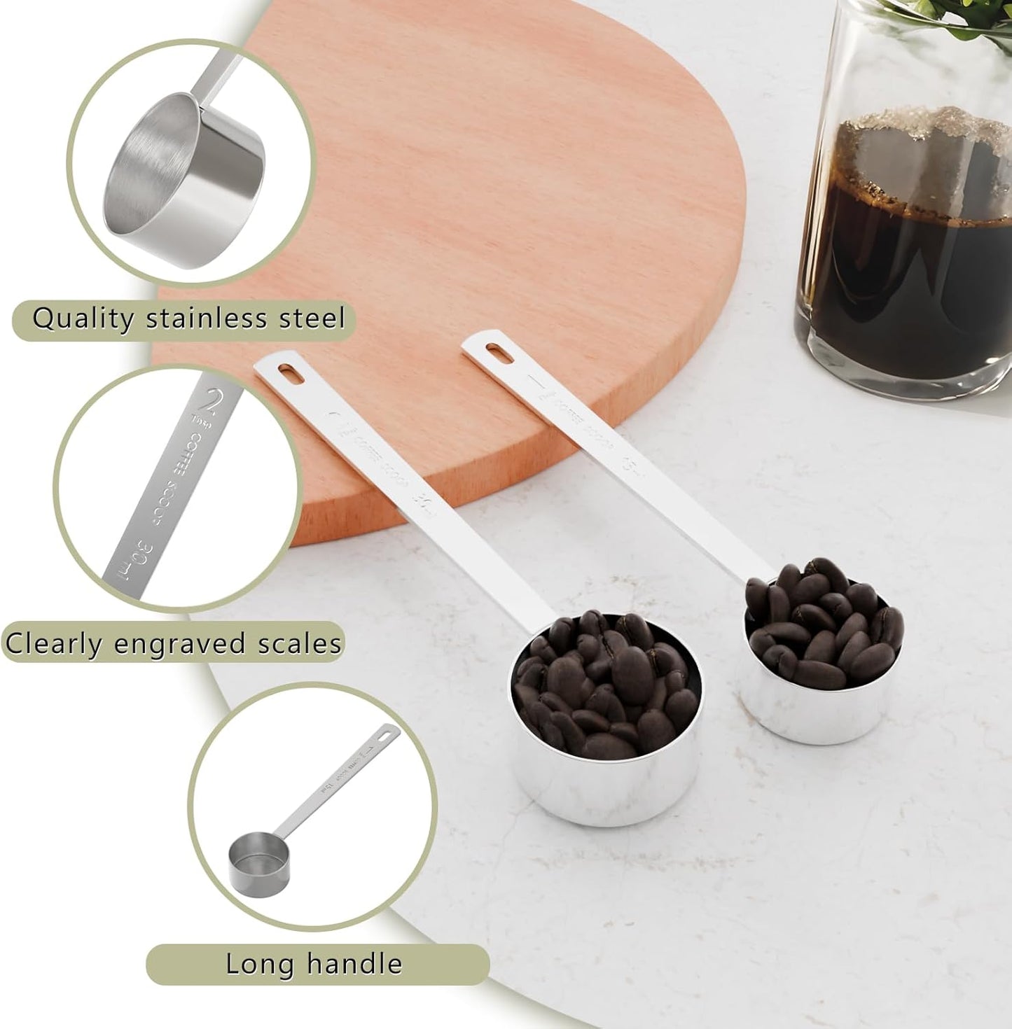 2PCS 2 Tablespoon Coffee Scoop, Long Handle Measuring Spoon, Two tbsp (30ml, 1/8cup) Stainless Steel Scooper
