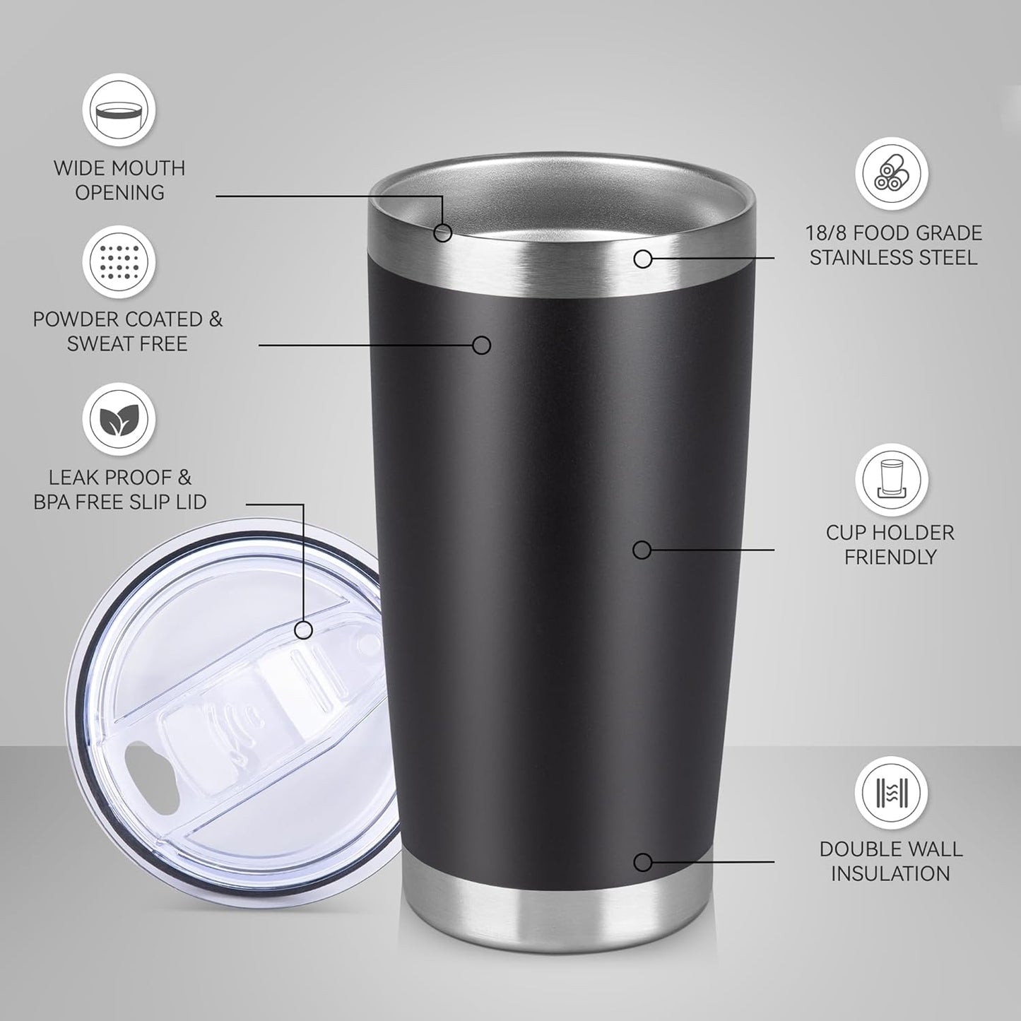 20 oz Tumbler Stainless Steel Tumblers Bulk with Lid Double Wall Insulated Coffee Tumbler Cups for Hot & Cold Drinks Powder Coated Travel Coffee Tumbler Mug Metal (Black, 12 pack)