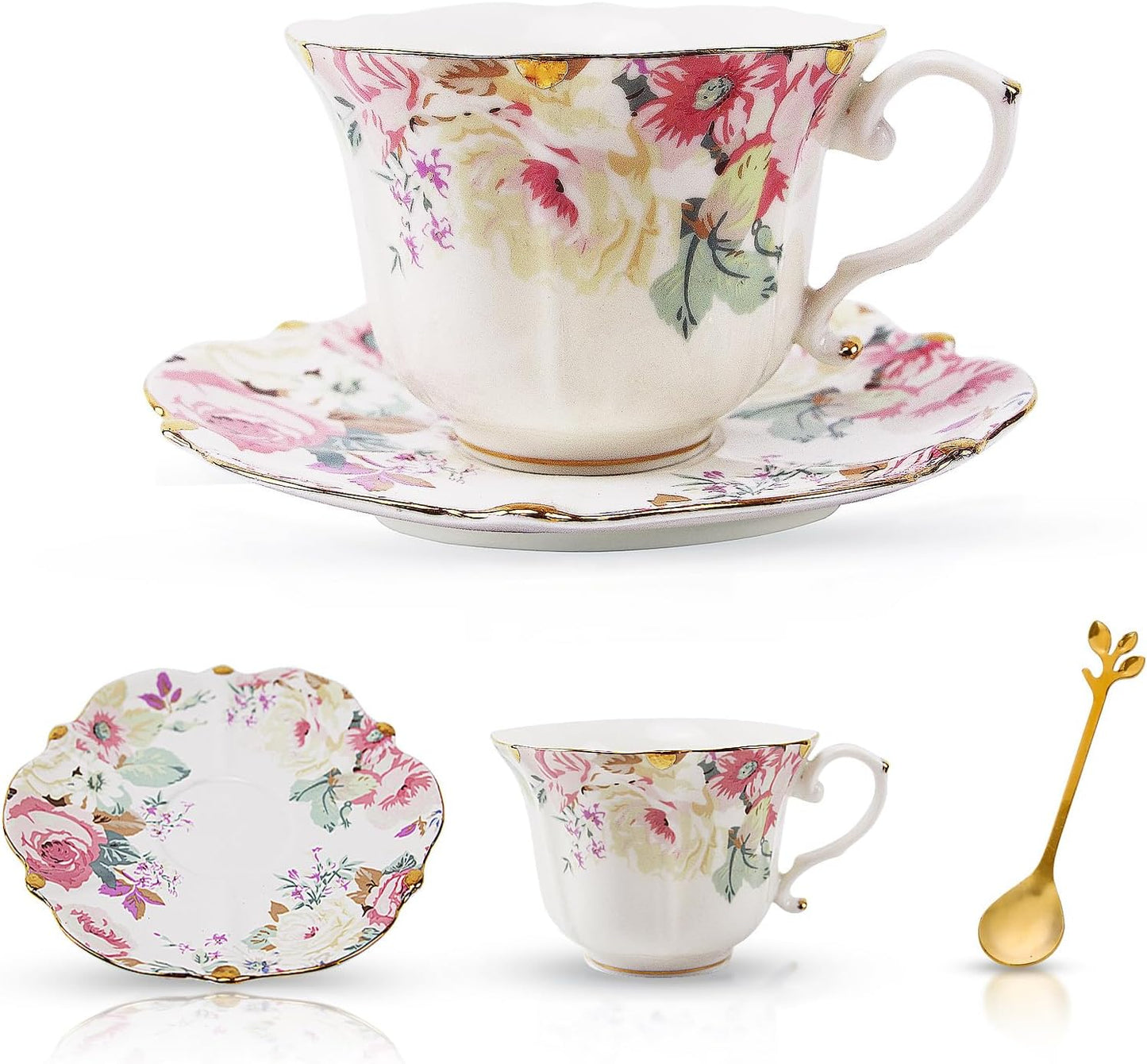 TATSUMI Country Roses Bone China Tea Cup and Saucer Set, 3 Pieces, Vintage Style, For Women and Tea Parties(Pink,1 Set)