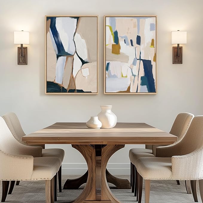 Large Framed Neutral Abstract Wall Art, 2 Piece Beige and Navy Blue Modern - Image 5