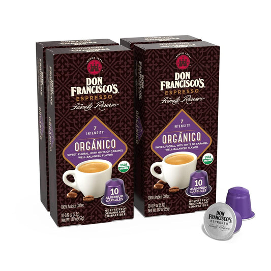 Don Francisco's Organico Espresso Pods: 40 Dark Roast Aluminum Capsules, Intensity 7, Compatible with Nespresso Original Line Machines - Bold Cuban-Style coffee with Caramel Notes