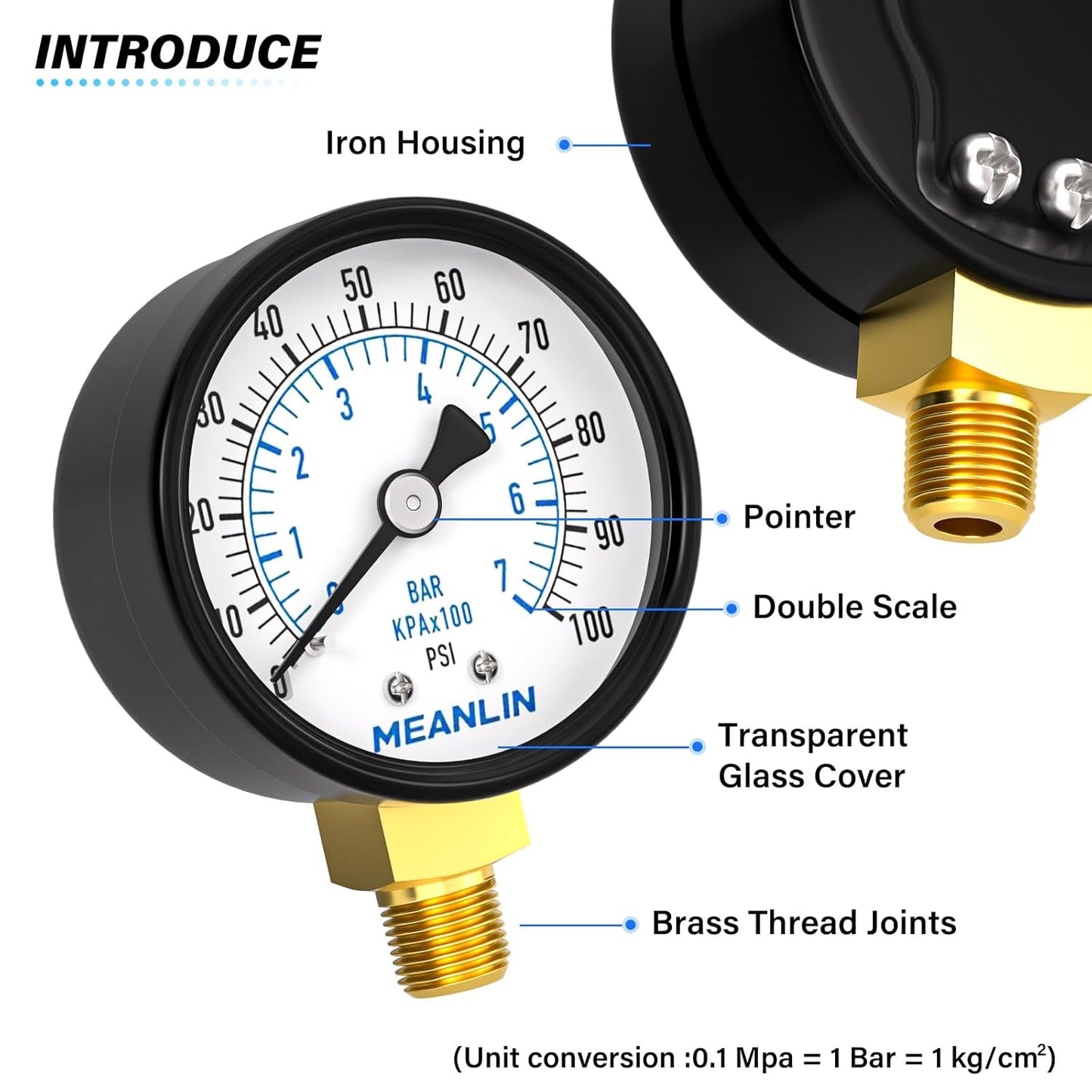 MEANLIN MEASURE 0-100Psi 2" DIAL FACE 1/8" NPT Well Pump Pressure Gauge, with 1/4" NPT and 3/8" NPT Hex Bushing, 3-2-3% Accuracy, Lower Mount