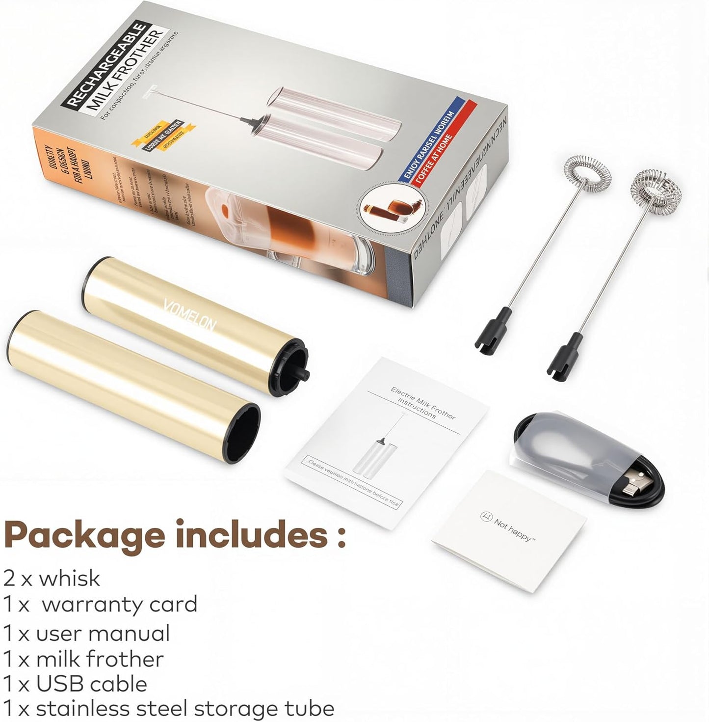 Rechargeable Milk Frother Handheld Electric Frother Wand Milk Foamer Drink Mixer for Coffee, Lattes, Cappuccino, and Egg, Stainless Steel for Travel-Beige