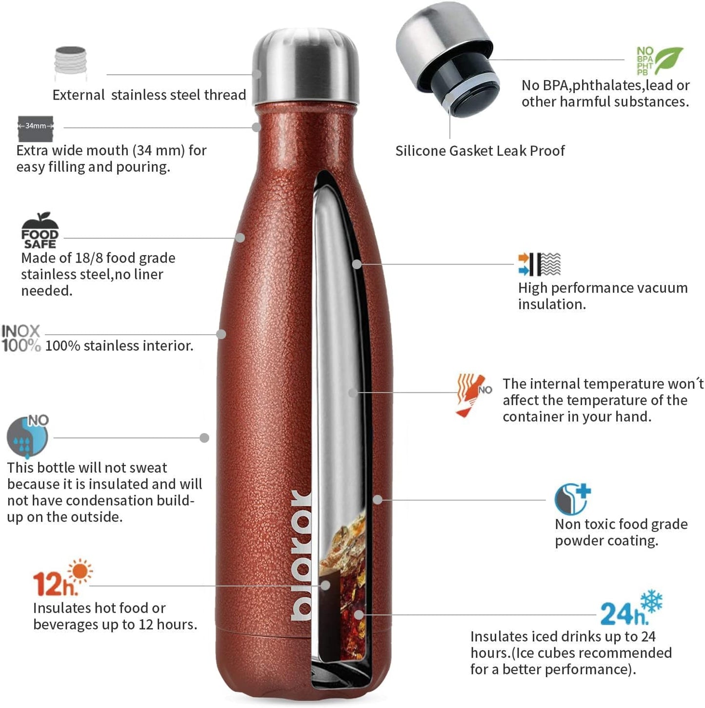 BJPKPK Insulated Water Bottles 17oz, Leak Proof Stainless Steel Water Bottle Keeps Cold for 24 Hours and Hot for 12 Hours,BPA Free,Brick Red