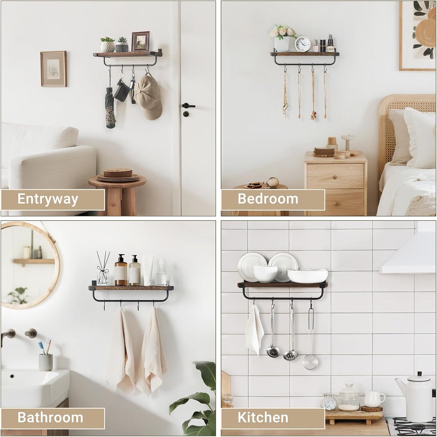 Mkono Mug Holder Wall Mounted Coffee Mug Rack Set of 2 Rustic Floating Shelf for Coffee Bar Accessories Wood Tea Cup Hooks Hanger for Organizing Cooking Utensils, Home Kitchen Decor, Brown