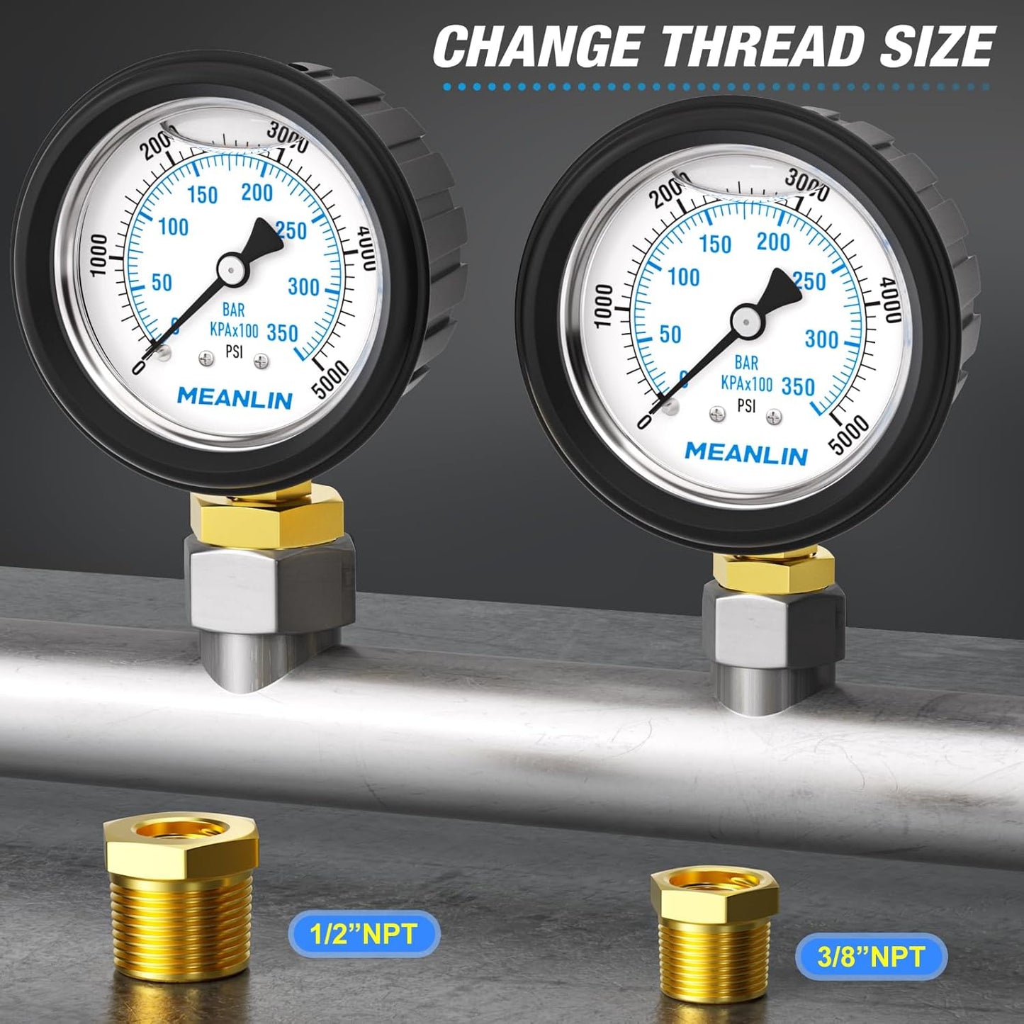 MEANLIN MEASURE 0~5000Psi Stainless Steel 1/4" NPT 2.5" FACE DIAL Liquid Filled Pressure Gauge, Lower Mount (with Rubber Protective Sleeve), with 1/2" NPT and 3/8" NPT Hex Bushing