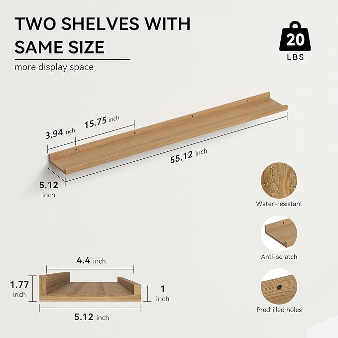 Boswillon 55.1 Inches Long Floating Shelves, 2 Set Rustic Wall Shelf - Image 3