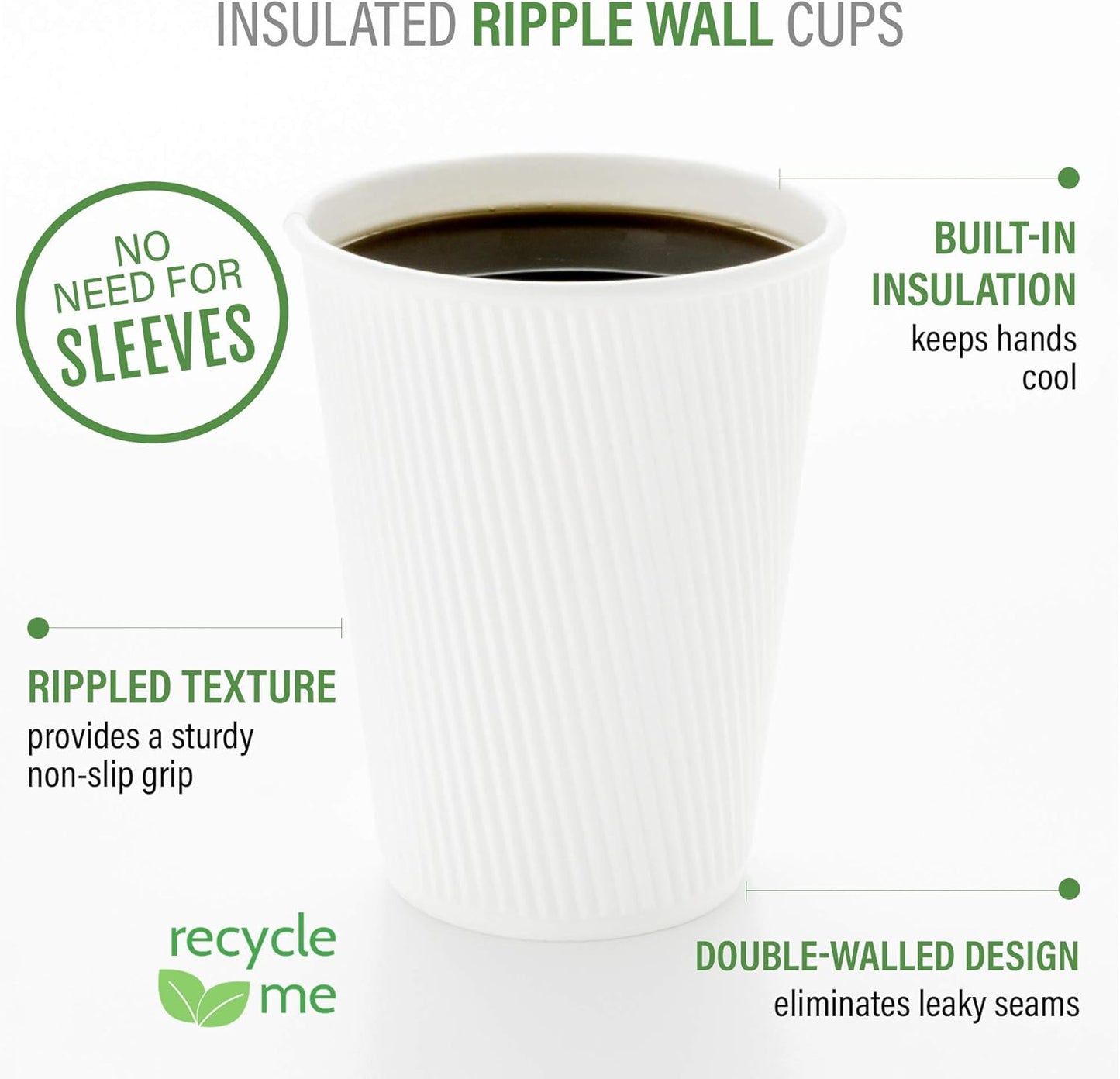 Restaurantware 8 Ounce Double Wall Disposable Coffee Cups, 500 Insulated White Paper Tumblers with Ripple Wall Design, Lids Sold Separately for Hot Drinks like Tea, Hot Chocolate, and More