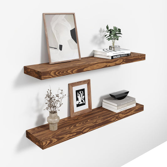 24'' Pine Wood Floating Shelves for Wall- Set of 2 - Rustic Wall Mounted Wooden Shelf for Stylish Home Décor (Light Walnut, 24x6.5x1.25), 2pcs