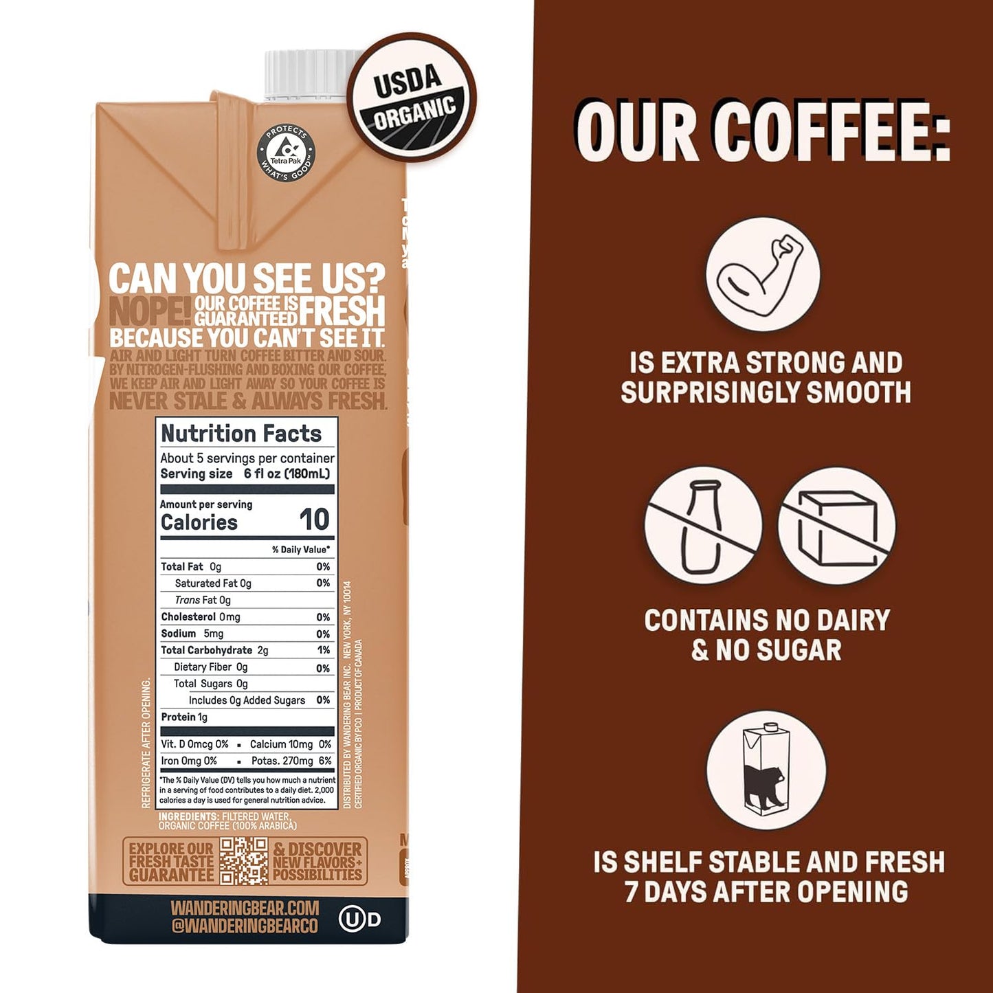 Wandering Bear Straight Black Organic Cold Brew Coffee, 32 fl oz, 3 pack - Extra Strong, Smooth, Organic, Unsweetened, Shelf-Stable, Ready to Drink Iced Coffee