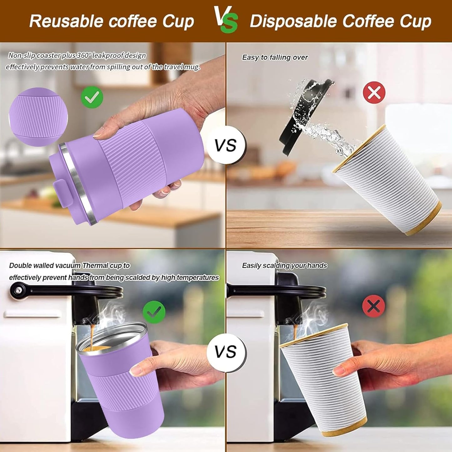 YINBAOGE Insulated Travel Coffee Mug Spill Proof Leak Proof Pobtable To Go Camping Stainless Steel Coffee Tumbler Reusable Coffee Cups with Lids Thermos for Hot and Cold Drink (Purple, 12 OZ)