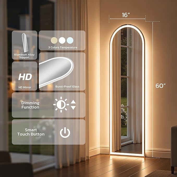 Arched Full Length Mirror with LED Lights, Body Floor Mirrors with Dimming & 3 - Image 5
