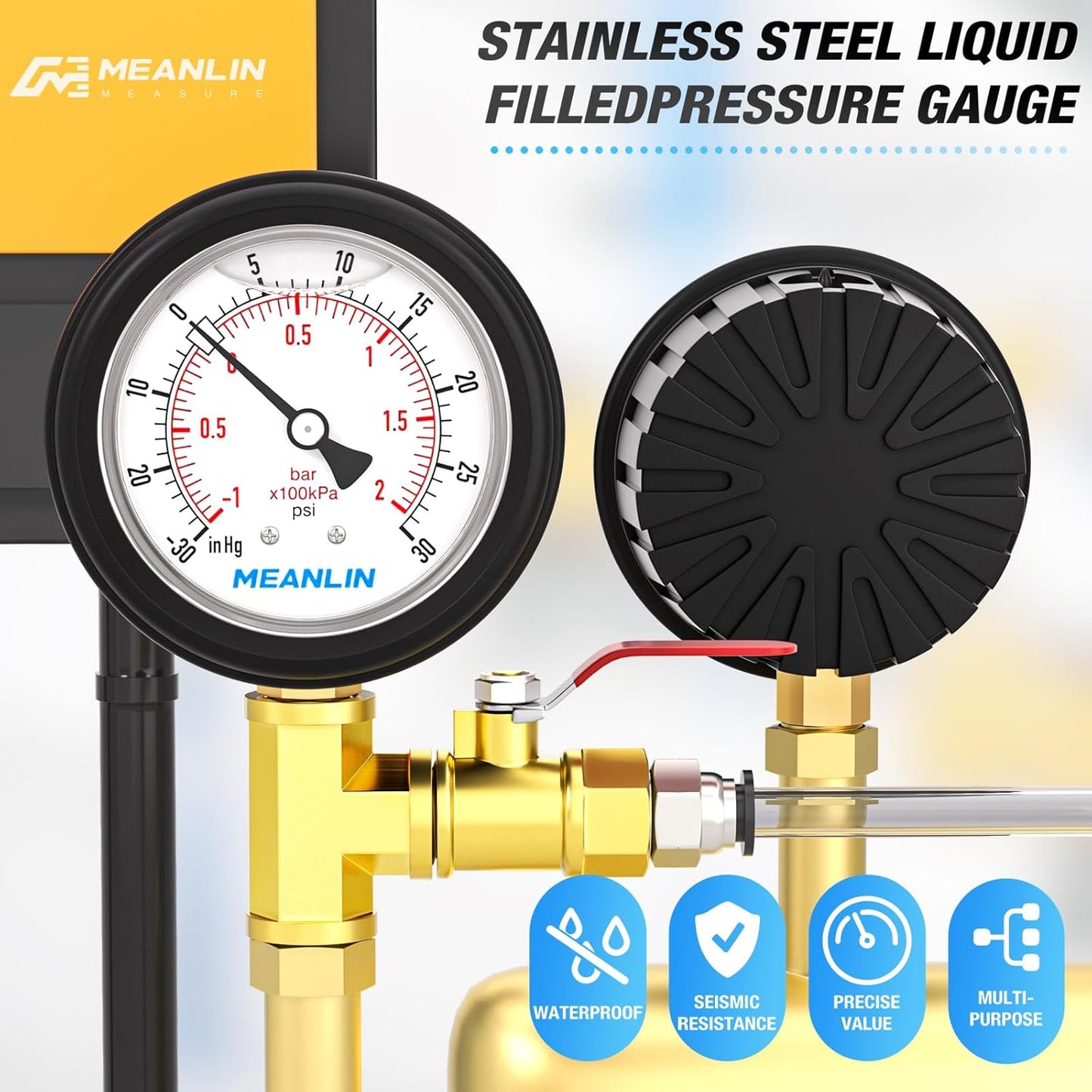 MEANLIN MEASURE -30inHG~30Psi Stainless Steel Vacuum Pressure Gauge 1/4" NPT 2.5" FACE DIAL with Rubber Protective Sleeve, Lower Mount