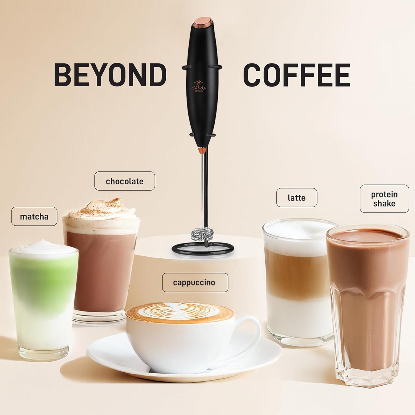 Zulay Double Whisk Milk Frother Handheld Mixer - High Powered Frother For Coffee With Improved Motor - Milk Frother Electric Whisk Drink Mixer For Cappuccino, Frappe, Matcha, Twin Whisk - Black/Copper