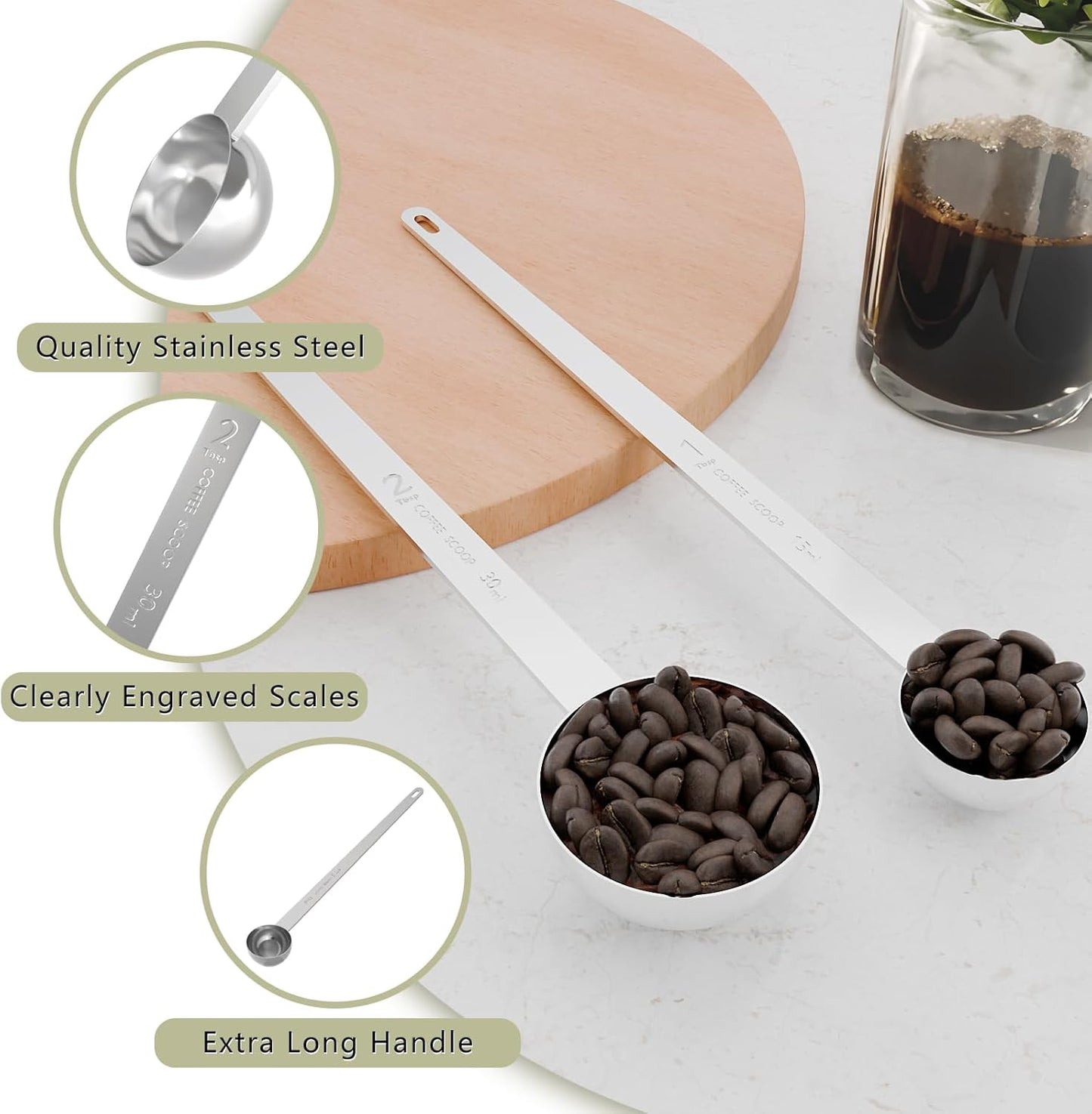 2PCS Coffee Scoop Set (1tbsp, 2tbsp), Extra Long Handle Measuring Spoon, 15 ml and 30 ml Stainless Steel Coffee Scooper