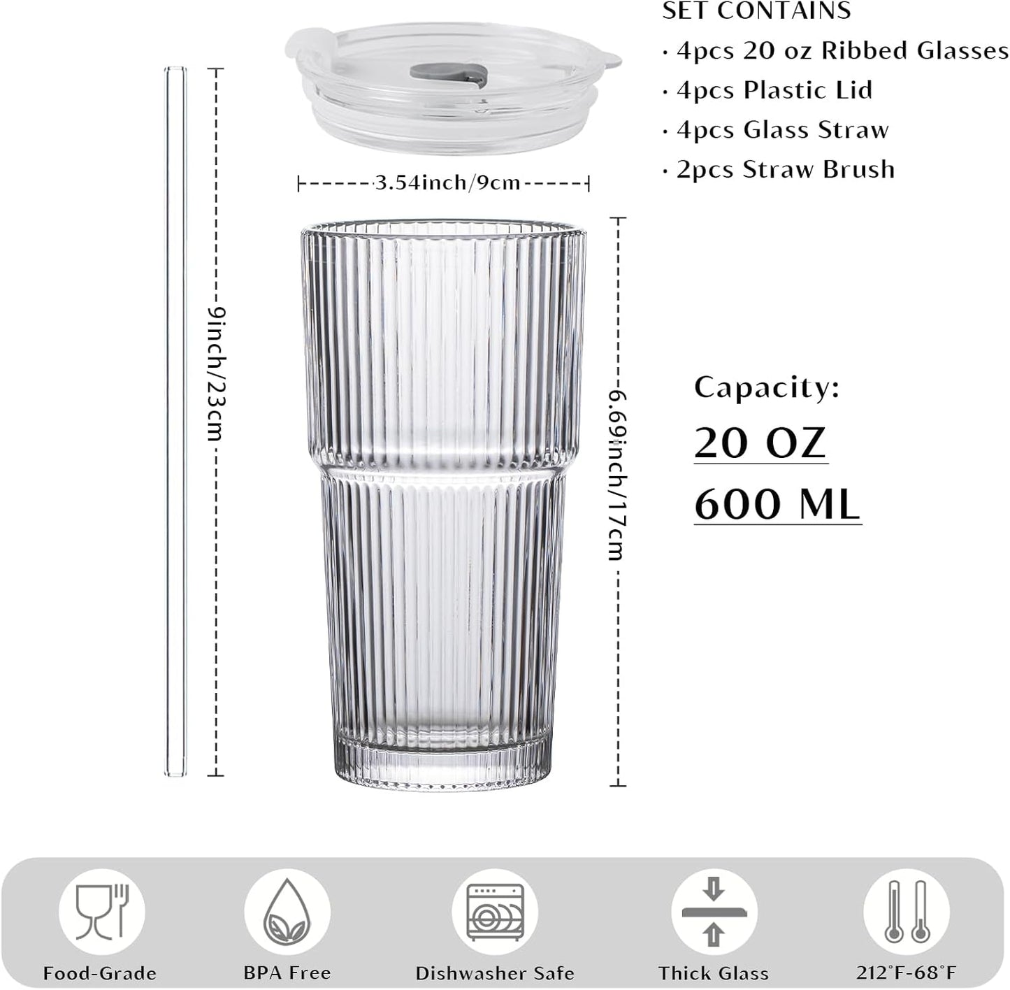 INSETLAN 20 oz Ribbed Glass Tumblers with Lids and Glass Straws – 4-Piece Glassware Set, Thickened Glass, Ideal for Iced Coffee, Smoothies, Cocktails, and Juices – Elegant and Durable Drinkware